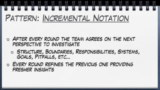 Pattern: Incremental Notation
After every round the team agrees on the next
perspective to investigate
Structure, Boundaries, Responsibilities, Systems,
Goals, Pitfalls, etc…
Every round refines the previous one providing
fresher insights
 