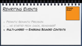 Rewriting Events
Pedantic Semantic Precision
… we started from chaos, remember?
Multi-layered -> Emerging Bounded Contexts
Domain
Event
 