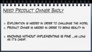 Need Product Owner Badly
Exploration is needed in order to challenge the model
Product Owner is needed in order to bring reality in
KNOWING WITHOUT IMPLEMENTING IS FINE …as long
as it’s cheap.
 
