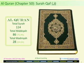 1
Surah Learning Outlines: HIGHLIGHTS STRUCTURE MESSAGE REFERENCES QUIZ
19th Ramadan, 1441 (12th May, 2020)
Al Quran
Total Surah
114
Total Makkiyah
86 (75.4%)
Total Madniyah
28 (24.6%)
Al Quran (Chapter 50): Surah Qaf (‫)ق‬
Dr. Jameel G. JargarAl Quran Learning
 