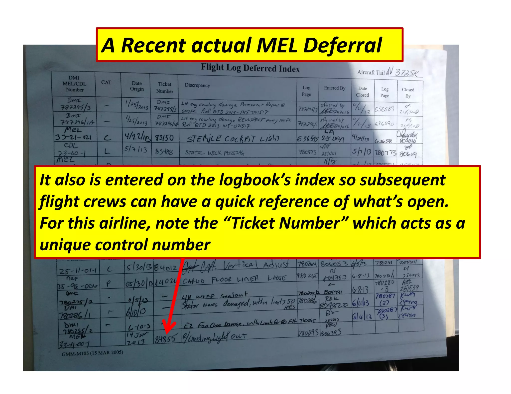 A Recent actual MEL Deferral
It also is entered on the logbook’s index so subsequent
flight crews can have a quick reference of what’s open.
For this airline, note the “Ticket Number” which acts as a
unique control number
 