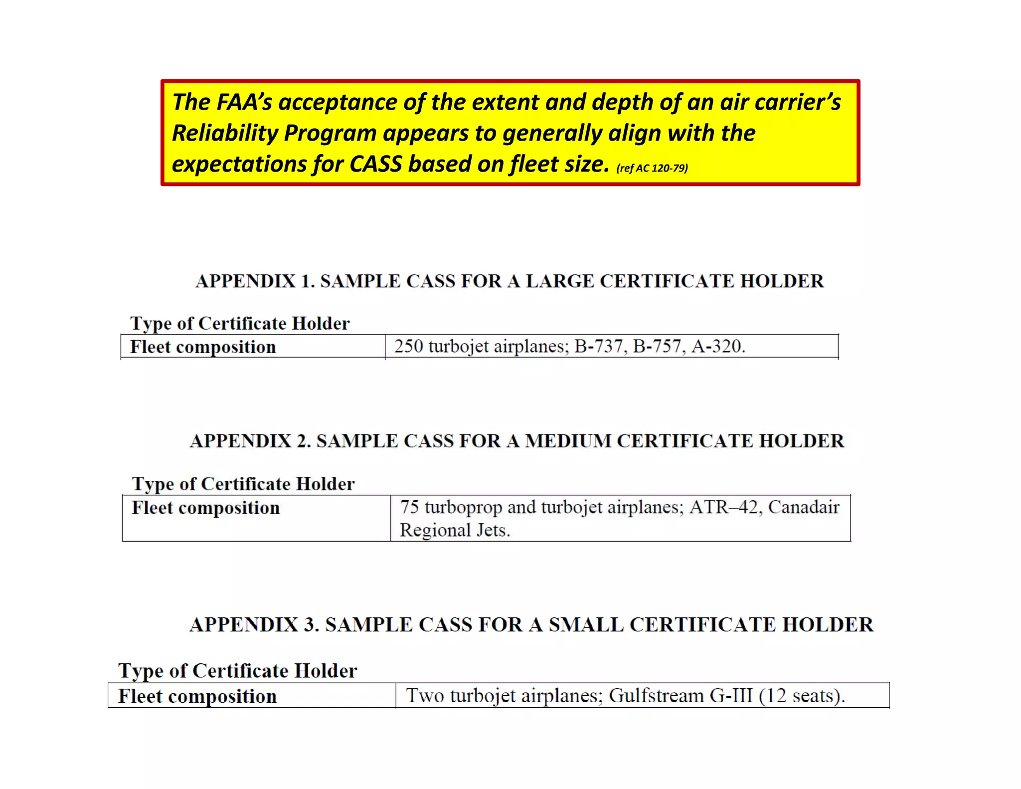 The FAA’s acceptance of the extent and depth of an air carrier’s
Reliability Program appears to generally align with the
expectations for CASS based on fleet size. (ref AC 120‐79)
 