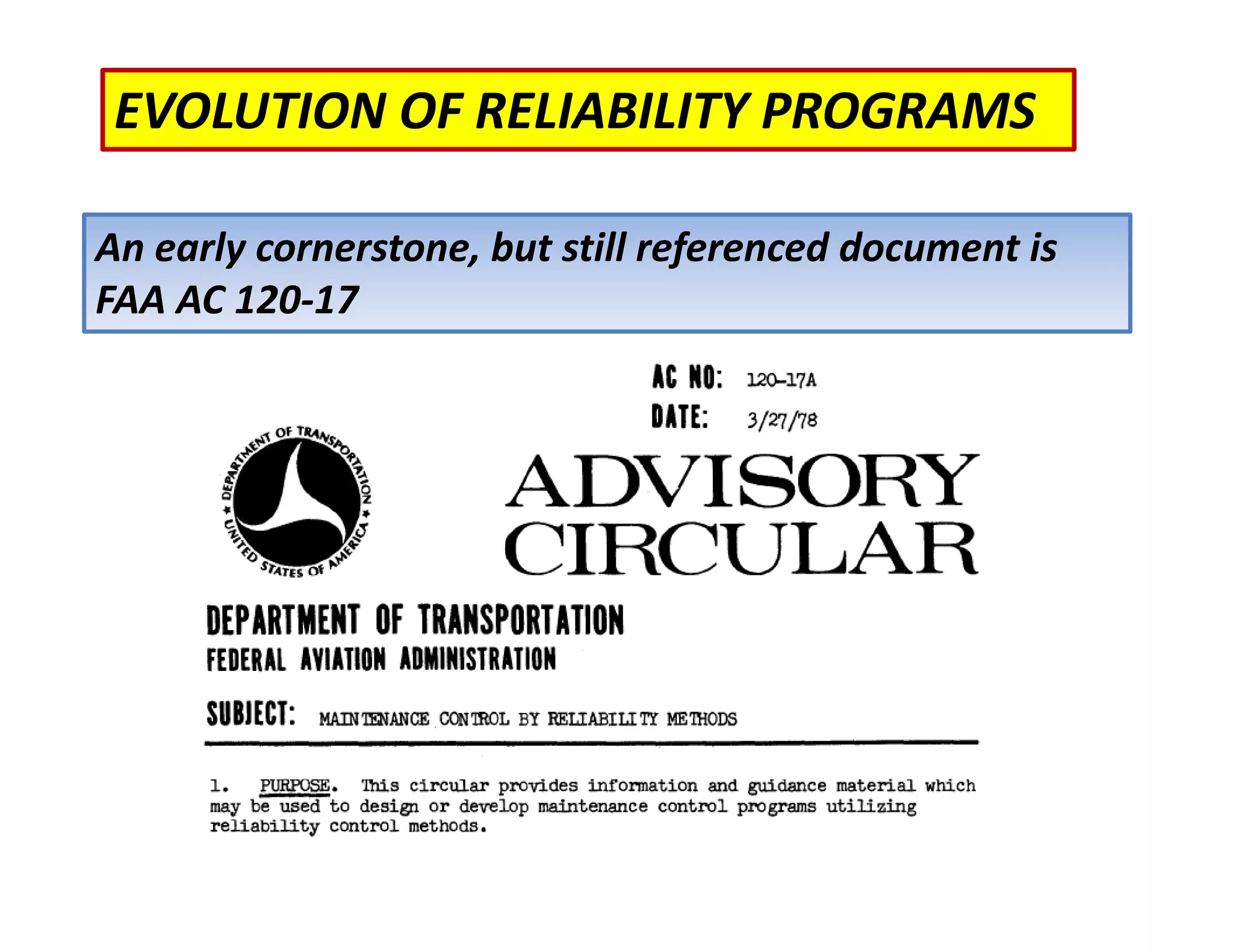 EVOLUTION OF RELIABILITY PROGRAMS
An early cornerstone, but still referenced document is
FAA AC 120‐17
 