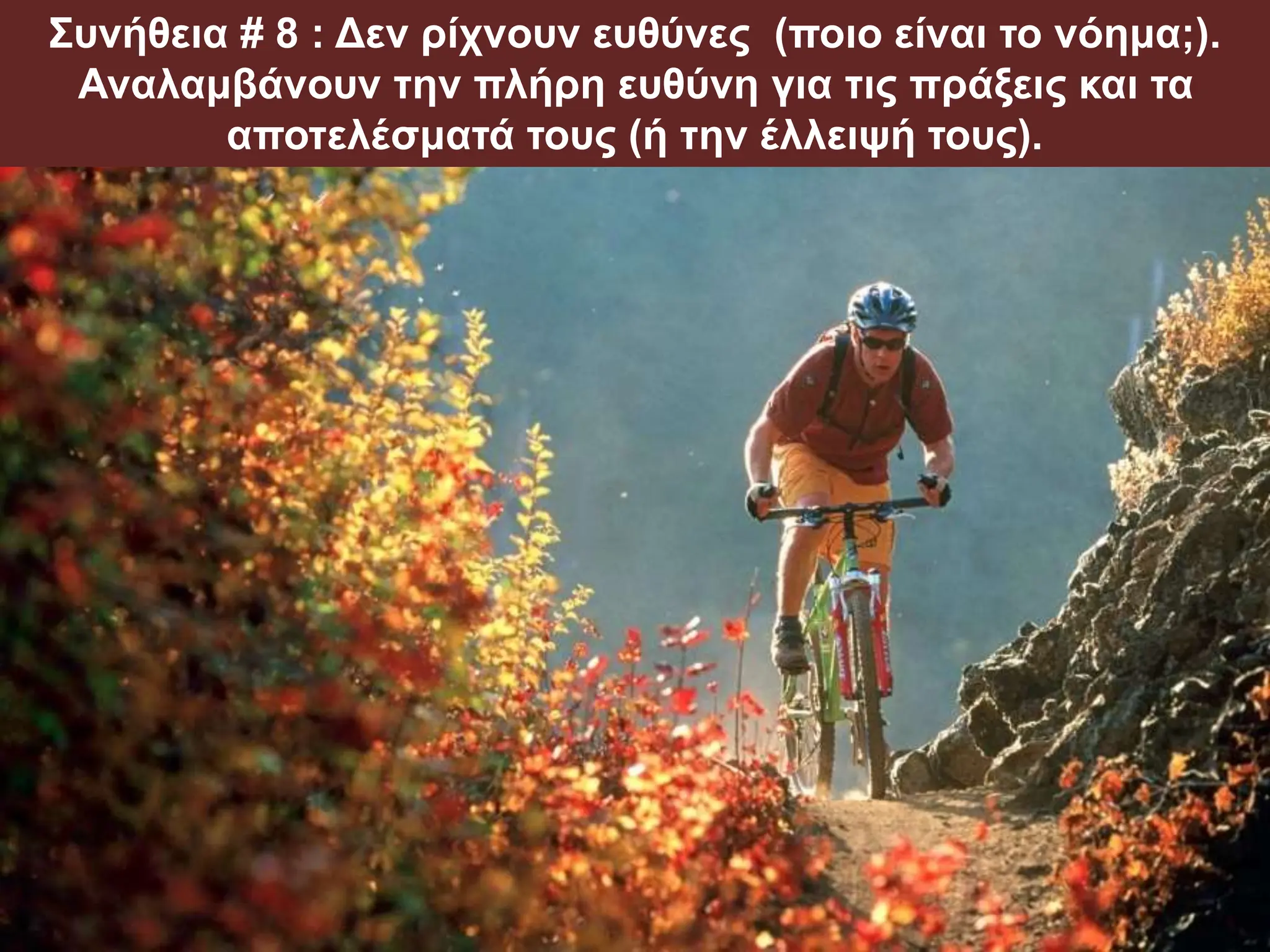 Συνήθεια # 8 : Δεν ρίχνουν ευθύνες (ποιο είναι το νόημα;).
Αναλαμβάνουν την πλήρη ευθύνη για τις πράξεις και τα
αποτελέσματά τους (ή την έλλειψή τους).
 