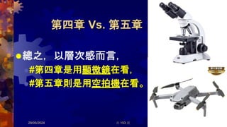 第四章 Vs. 第五章
總之，以層次感而言，
#第四章是用顯微鏡在看，
#第五章則是用空拍機在看。
29/05/2024 共 153 頁
111
 