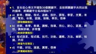  1. 首先從心得文字擷取30個關鍵字，並按照關鍵字共同出現
的頻率，將關鍵字分爲四類如下：
 a) 新奇、體驗、程式、遊戲、設計、課程、學習、充實、有
趣、幫助、收穫、認識、接觸、學到、很棒
 （課程體驗類型）
 b) 老師、教學、教導、講解、指導、用心、耐心、認真、熱
忱、講解詳細、非常懂
 （教師評價類型）
 c) 程式語言、程式碼、技巧、功能、邏輯、方法、細節、知
識、內容
 （學習內容類型）
 d) 不錯、好玩、滿滿、厲害、很棒
 （評價總結類型）
2024/5/29 共 388 頁 114
 