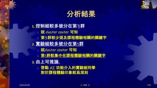 分析結果
1. 控制組較多被分在第3群
1. 就 cluster center 可知
2. 第3群較少提及課程體驗相關的關鍵字
2. 實驗組較多被分在第1群
1. 就cluster center 可知
2. 第1群較集中在課程體驗相關的關鍵字
3. 由上可推論，
1. 啓動 AI 功能介入的實驗組同學
對於課程體驗印象較爲深刻
2024/5/29 共 388 頁 118
 