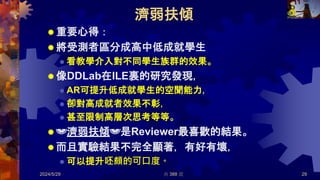 濟弱扶傾
 重要心得：
 將受測者區分成高中低成就學生
 看教學介入對不同學生族群的效果。
 像DDLab在ILE裏的研究發現，
 AR可提升低成就學生的空聞能力，
 卻對高成就者效果不彰，
 甚至限制高層次思考等等。
 🍊濟弱扶傾🍊是Reviewer最喜歡的結果。
 而且實驗結果不完全顯著，有好有壞，
 可以提升呸頗的可口度。
2024/5/29 共 388 頁 29
 