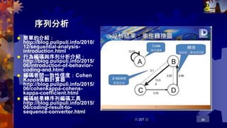 序列分析
 簡單的介紹：
http://blog.pulipuli.info/2010/
12/sequential-analysis-
introduction.html
 行為編碼與序列分析介紹：
http://blog.pulipuli.info/2015/
06/introduction-of-behavior-
coding-and.html
 編碼者間一致性信度：Cohen
Kappa係數計算器
http://blog.pulipuli.info/2015/
06/cohenkappa-cohens-
kappa-coefficient.html
 編碼結果轉序列編碼工具
http://blog.pulipuli.info/2015/
06/coding-result-to-
sequence-convertor.html
29/05/2024 共 207 頁 35
 
