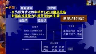  例如：
在另類實境遊戲中結合TWED鷹架策略
對臨床推理能力和學習情緒的影響
共 153 頁 89
依變項的探討
自變項
依變項
自變項
控制組：另類實境遊戲
實驗組：另類實境遊戲 +
TWED鷹架策略
依變項
學習
成效
學習
情緒
臨床推
理能力
控制變項
教學
內容
教學
地點
教學
時間
控制變項
依變項
 