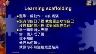 Learning scaffolding
選歌、編動作、自由表演
沒有你的日子裡 我會更加珍惜自己
沒有我的歲月裡 你要保重你自己
當一輛車消失天際
當一個人成了謎
你不知道
他們為何離去
就像你不知道這竟是結局
29/05/2024 共 153 頁
9
 
