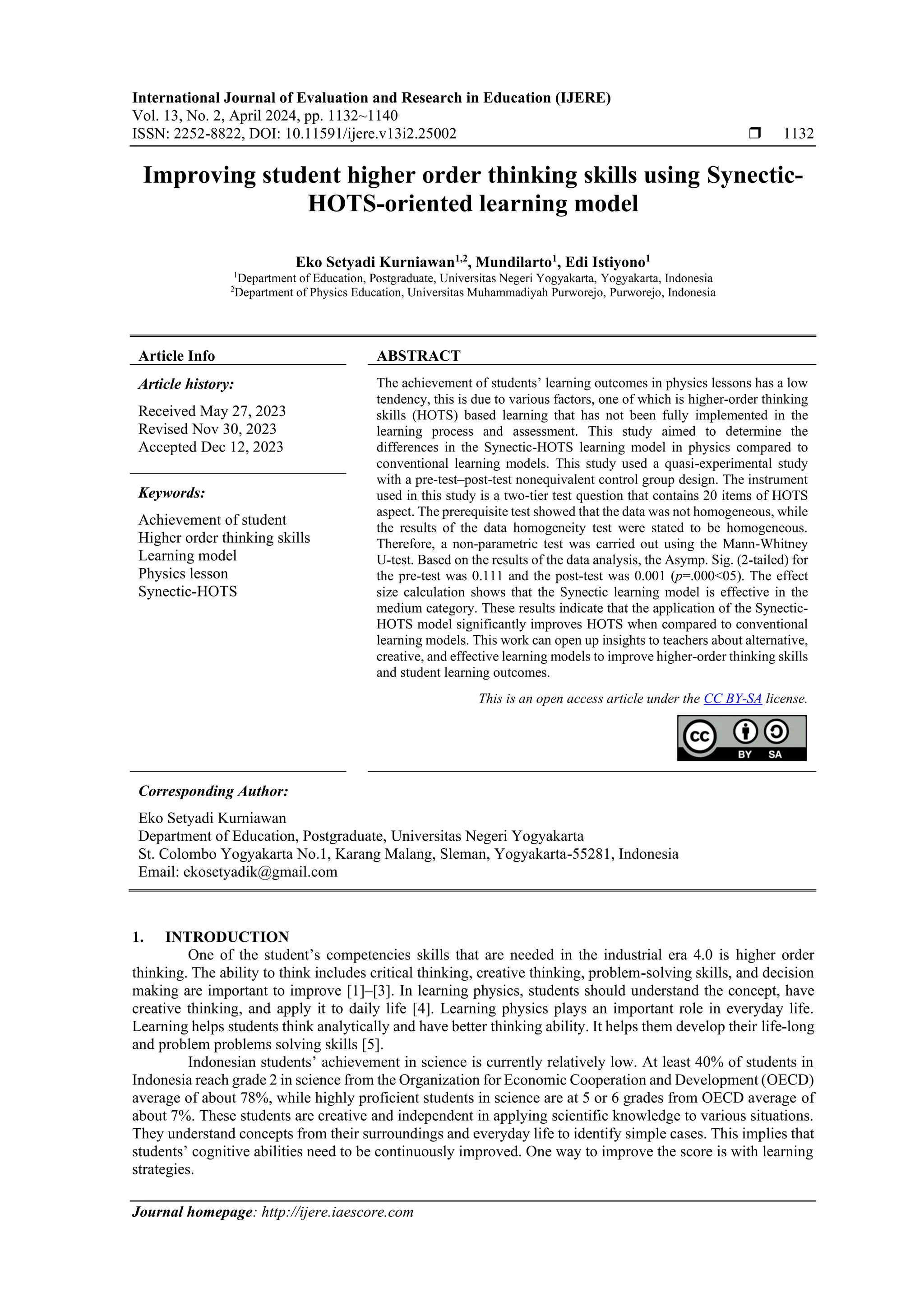 Improving student higher order thinking skills using Synectic-HOTS ...