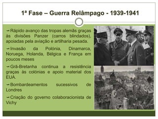 1ª Fase – Guerra Relâmpago - 1939-1941
Rápido avanço das tropas alemãs graças
às divisões Panzer (carros blindados),
apoiadas pela aviação e artilharia pesada.
Invasão da Polónia, Dinamarca,
Noruega, Holanda, Bélgica e França em
poucos meses
Grã-Bretanha continua a resistência
graças às colónias e apoio material dos
EUA.
Bombardeamentos sucessivos de
Londres
Criação do governo colaboracionista de
Vichy
 