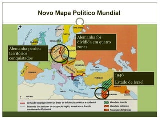 Alemanha perdeu
territórios
conquistados
Alemanha foi
dividida em quatro
zonas
1948
Estado de Israel
Novo Mapa Político Mundial
 