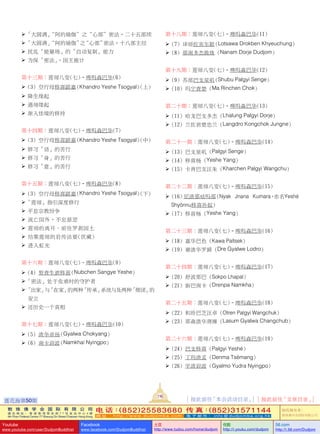 蓮花海第50期
116
敦 珠 佛 学 会 国 际 有 限 公 司
通 讯 地 址 ： 香 港 柴 湾 常 安 街 7 7 号 发 达 中 心 4 楼
4th Floor Federal Centre 77 Sheung On Street Chaiwan Hong Kong
电 话：(852)25583680 传 真：(852)31571144
网 址 ： h t t p : / / w w w . d u d j o m b a . c o m 电 子 邮 件 ： info@dudjomba.org.hk
版權擁有者：
敦珠佛學會國際有限公司
Youtube
www.youtube.com/user/DudjomBuddhist
Facebook
www.facebook.com/DudjomBuddhist
土豆
http://www.tudou.com/home/dudjom
优酷
http://i.youku.com/dudjom
56.com
http://i.56.com/Dudjom
「大圓滿」“阿的瑜伽”之“心部”密法–二十五部續
「大圓滿」“阿的瑜伽”之“心部”密法–十八部主經
   擾亂「能量場」的「自動複製」能力
   為保「密法」，國王施計
第十三期：蓮師八變(七)–啤嗎森巴華(6)
   (3) 空行母移喜蹉嘉 (Khandro Yeshe Tsogyal) (上)
   降生緣起
   遇師緣起
   漸入佳境的修持
第十四期：蓮師八變(七)–啤嗎森巴華(7)
   (3) 空行母移喜蹉嘉 (Khandro Yeshe Tsogyal) (中)
   修習「語」的苦行
   修習「身」的苦行
   修習「意」的苦行
第十五期：蓮師八變(七)–啤嗎森巴華(8)
   (3) 空行母移喜蹉嘉 (Khandro Yeshe Tsogyal) (下)
「蓮師」指引深度修行
   平息宗教紛爭
   流亡國外，不忘慈悲
   蓮師的離開、前往羅剎國土
   結集蓮師的巖傳法要(伏藏)
   進入虹光
第十六期：蓮師八變(七)–啤嗎森巴華(9)
   (4) 努青生遮移喜 (Nubchen Sangye Yeshe)
「密法」處於危難時的守護者
「出家」與「在家」的兩種「傳承」系統與及兩種「僧團」的
安立
   還歷史一個真相
第十七期：蓮師八變(七)–啤嗎森巴華(10)
   (5) 渣華卓揚 (Gyalwa Chokyang)
   (6) 南卡迎波 (Namkhai Nyingpo)
第十八期：蓮師八變(七)–啤嗎森巴華(11)
   (7) 譯師佐賓車聰 (Lotsawa Drokben Khyeuchung)
   (8) 那南多傑敦珠 (Nanam Dorje Dudjom)
第十九期：蓮師八變(七)–啤嗎森巴華(12)
   (9) 蘇部巴支星嘰 (Shubu Palgyi Senge)
   (10) 瑪寧青楚 (Ma Rinchen Chok)
第二十期：蓮師八變(七)–啤嗎森巴華(13)
   (11) 哈龍巴支多傑 (Lhalung Palgyi Dorje)
   (12) 蘭佐君楚忠蘭 (Langdro Kongchok Jungne)
第二十一期：蓮師八變(七)–啤嗎森巴華(14)
   (13) 巴支星嘰 (Palgyi Senge)
   (14) 移喜楊 (Yeshe Yang)
   (15) 卡青巴支汪朱 (Kharchen Palgyi Wangchu)
第二十二期：蓮師八變(七)–啤嗎森巴華(15)
   (16)  尼渣那咕嗎那 (Nyak Jnana Kumara，亦名Yeshé
Shyönnu移喜孫奴)
   (17) 移喜楊 (Yeshe Yang)
第二十三期：蓮師八變(七)–啤嗎森巴華(16)
   (18) 嘉華巴色 (Kawa Paltsek)
   (19) 謝渣華羅爵 (Dre Gyalwe Lodro)
第二十四期：蓮師八變(七)–啤嗎森巴華(17)
   (20) 舒波那巴 (Sokpo Lhapal)
   (21) 旃巴南卡 (Drenpa Namkha)
第二十五期：蓮師八變(七)–啤嗎森巴華(18)
   (22) 和珍巴芝汪卓 (Otren Palgyi Wangchuk)
   (23) 那森渣華蔣操 (Lasum Gyalwa Changchub)
第二十六期：蓮師八變(七)–啤嗎森巴華(19)
   (24) 巴支移喜 (Palgyi Yeshé)
   (25) 丁瑪渣孟 (Denma Tsémang)
   (26) 宇渣迎波 (Gyalmo Yudra Nyingpo)
[ 按此前往「本會活動目錄」] [ 按此前往「文章目錄」]
 