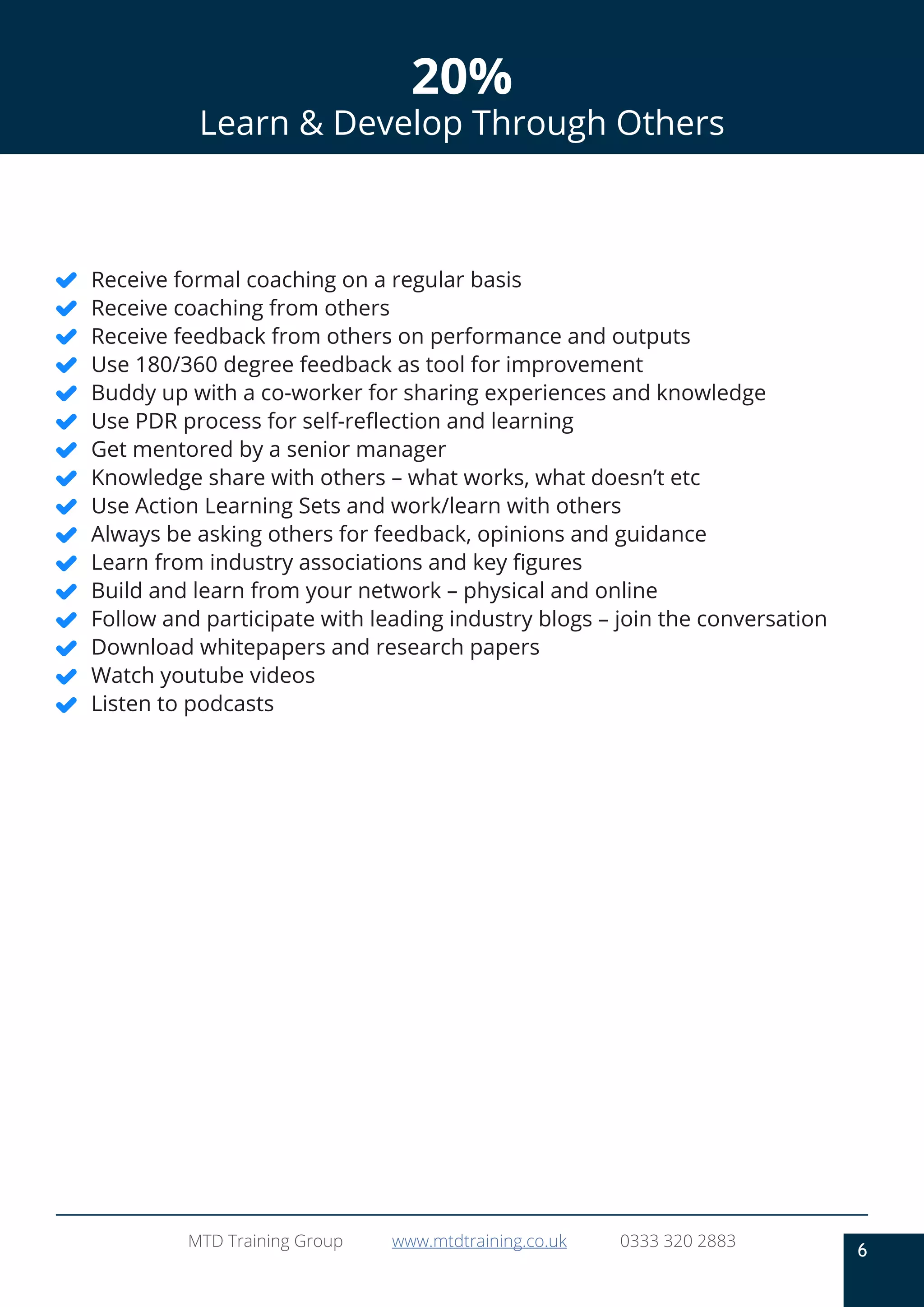 6
MTD Training Group www.mtdtraining.co.uk 0333 320 2883
20%
Learn & Develop Through Others
Receive formal coaching on a regular basis
Receive coaching from others
Receive feedback from others on performance and outputs
Use 180/360 degree feedback as tool for improvement
Buddy up with a co-worker for sharing experiences and knowledge
Use PDR process for self-reflection and learning
Get mentored by a senior manager
Knowledge share with others – what works, what doesn’t etc
Use Action Learning Sets and work/learn with others
Always be asking others for feedback, opinions and guidance
Learn from industry associations and key figures
Build and learn from your network – physical and online
Follow and participate with leading industry blogs – join the conversation
Download whitepapers and research papers
Watch youtube videos
Listen to podcasts
 