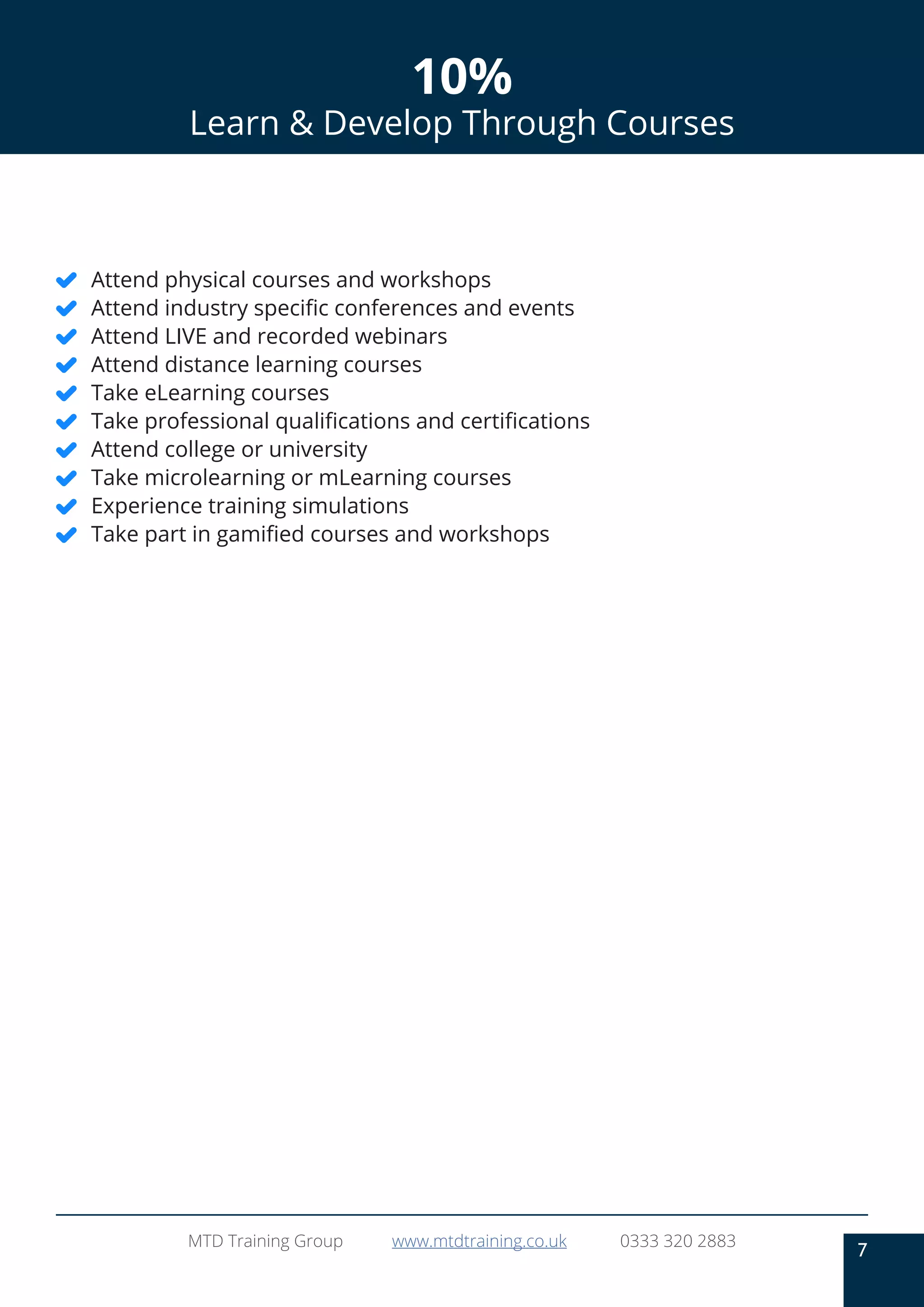 7
MTD Training Group www.mtdtraining.co.uk 0333 320 2883
10%
Learn & Develop Through Courses
Attend physical courses and workshops
Attend industry specific conferences and events
Attend LIVE and recorded webinars
Attend distance learning courses
Take eLearning courses
Take professional qualifications and certifications
Attend college or university
Take microlearning or mLearning courses
Experience training simulations
Take part in gamified courses and workshops
 