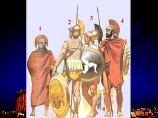 They were typically armed with a 1 meter round shield called a aspis, a 2.5 m spear, and a 60 cm thrusting sword called a xiphos.
