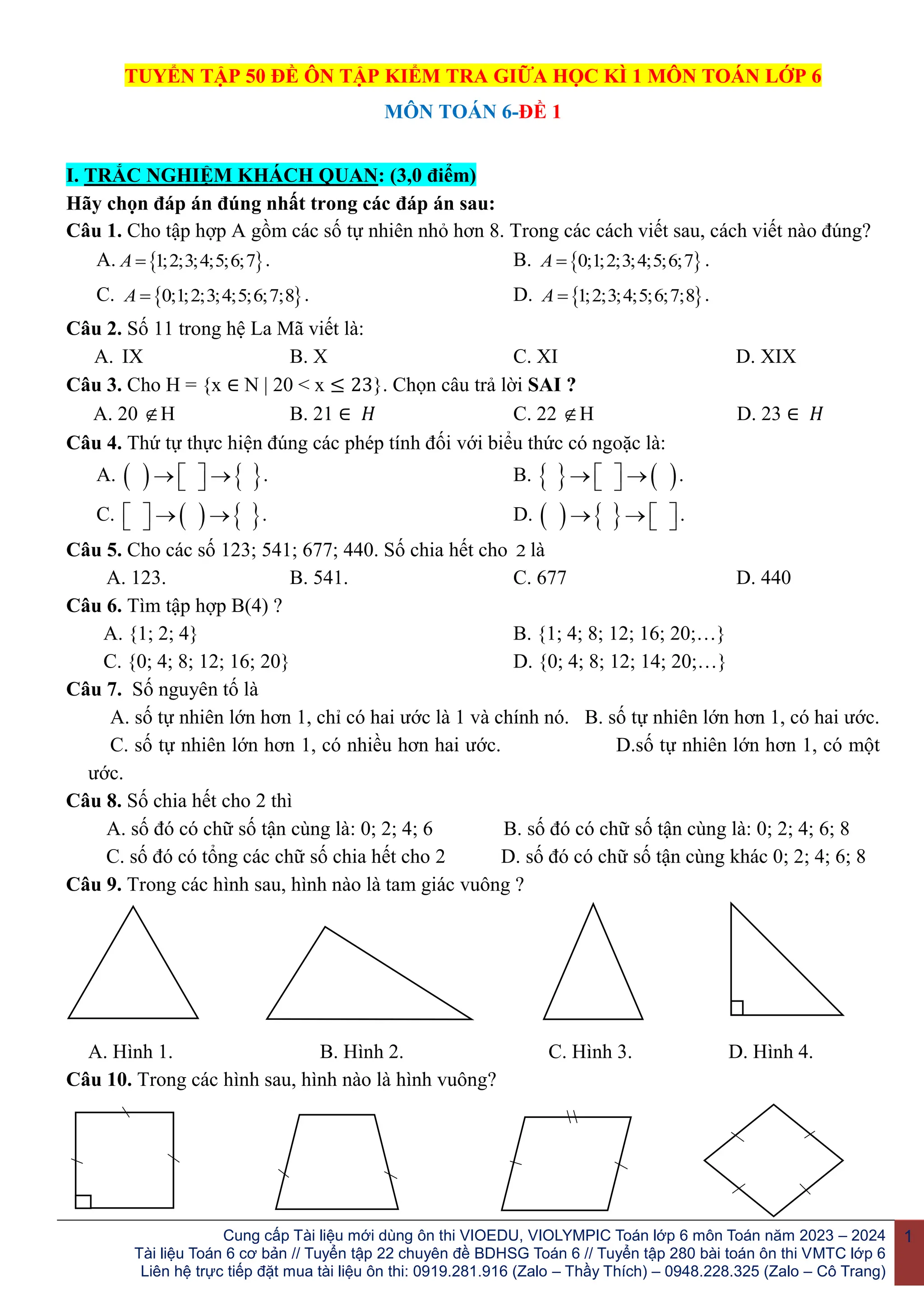 Tuyển tập 50 đề kiểm tra giữa kì 1 môn Toán lớp 6 | DOCX