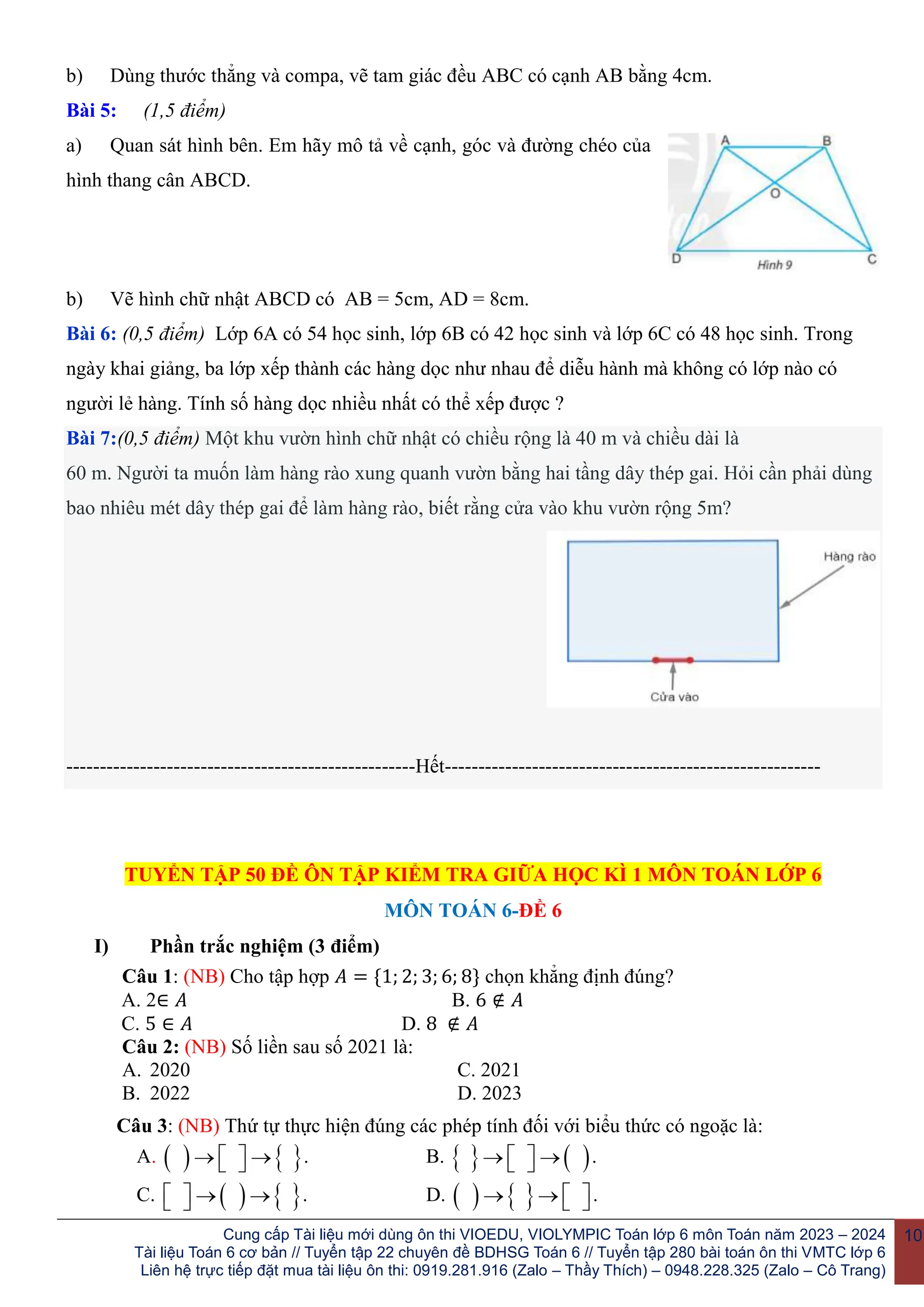 Tuyển tập 50 đề kiểm tra giữa kì 1 môn Toán lớp 6 | DOCX