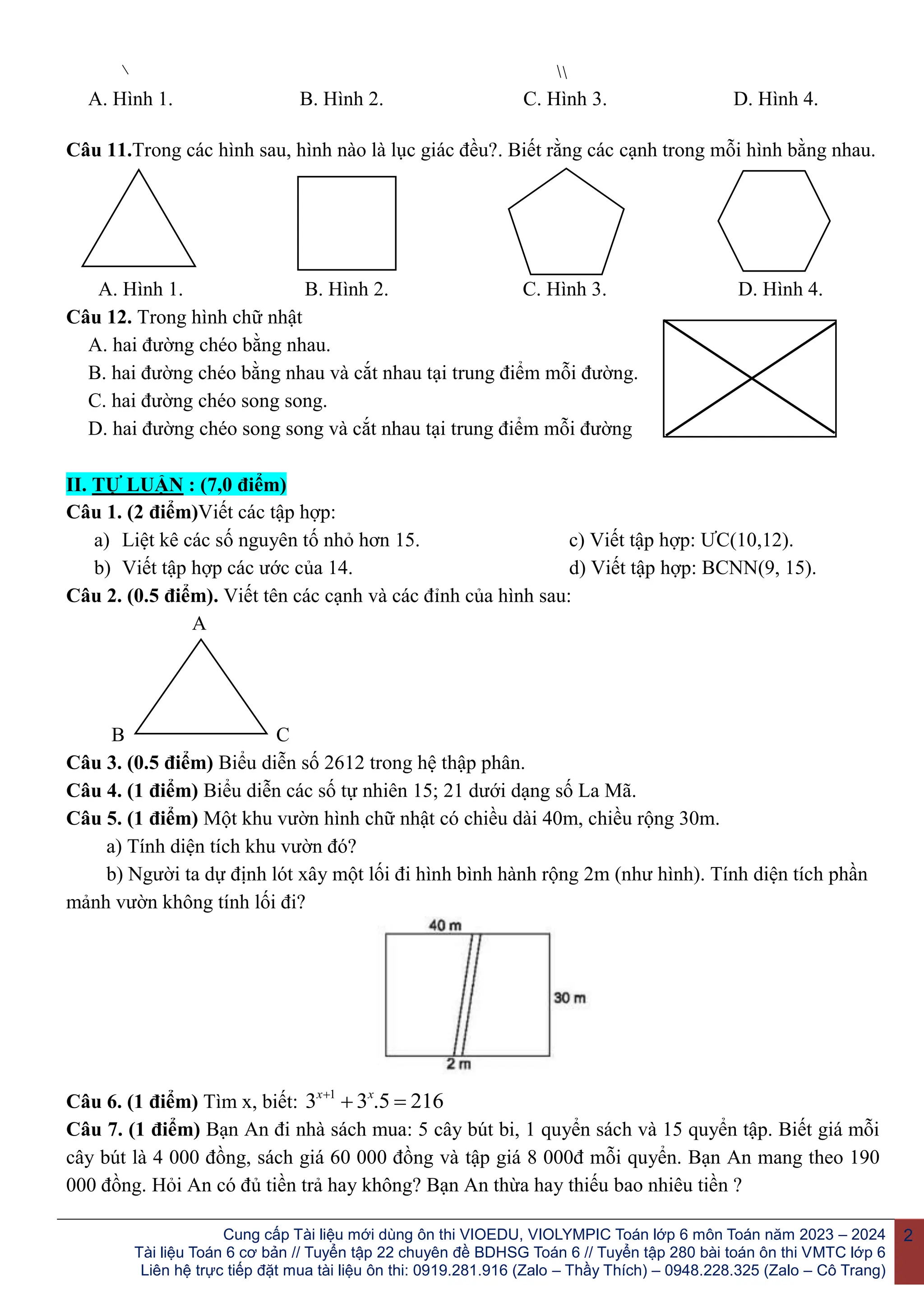 Tuyển tập 50 đề kiểm tra giữa kì 1 môn Toán lớp 6 | DOCX
