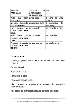6
Veja Mais Dicas e Aulas em nosso site: www.melhorescursosagora.com.br
FRASES
AMBÍGUAS
CORRIJA AS
EXPRESSÕES
GRIFADAS PARA
OU
Alice saiu com
sua irmã.
a irmã dela a irmã de uma
amiga
Vi José beijando
sua namorada.
a namorada dele a namorada de
um amigo
Um ladrão foi
preso em sua
casa.
na casa dele na casa da vítima
João ficou com
Mariana em sua
casa.
na casa dela na casa dele
Pintaram o quarto
da casa em que
durmo.
no qual durmo na qual durmo
8ª. ANULADA.
A redação poderá ser anulada, ou receber uma nota bem
baixa, se:
Estiver ilegível.
Fugir do assunto.
For escrita a lápis.
For escrita com rasuras.
Não obedecer ao espaço e ao número de parágrafos
determinados.
Não seguir as instruções relativas ao tema escolhido.
 