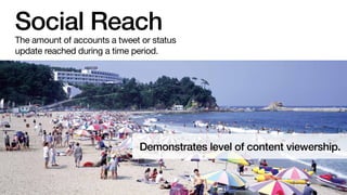 Social Reach

How far your message reaches across
social media.

Demonstrates level of content viewership.

 