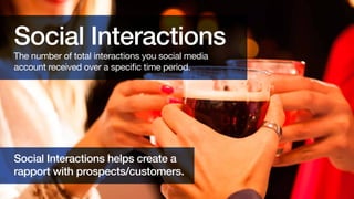 Social Interactions
The number of total interactions your social media
account received over a specific time period.

Focus on increasing your social interactions
to build rapport with your network.

 