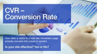 CVR –
Conversion Rate
The percentage of time a website visit turns into
a lead or contact.

Is your site effective? Yes or...