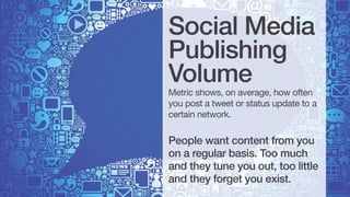 Social Media
Publishing
Volume

Metric shows, on average, how often
you post a tweet or status update to a
certain network...