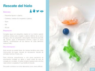 Materiales:
- Pequeñas figuras u objetos.
- Cubiteras, bolsitas de congelado o globos.
- Agua.
- Sal.
- Azúcar.
Preparación:
Congelar agua con pequeños objetos en su interior usando
cubiteras, bolsas para congelar o globos rellenos de un poco
de agua. Una vez preparado, descongelar ofreciendo para ello
sal, azúcar, agua a temperatura normal y agua un poco
caliente, comprobando así los efectos de cada elemento
sobre el hielo.
Otra información:
Este recurso se puede hacer de manera temática para crear
minimundos de juego: rescate de dinosaurios, rescate de
animales marinos, Frozen, etc.
Para niños/as pequeños/as o con poca paciencia se
recomienda congelar en globo y sacar antes de que se
congele por completo. Al quitar el globo quedará solo una fina
capa exterior congelada, lo que facilita el rescate.
Se puede combinar con otros elementos como nieve artificial.
Rescate del hielo
22
 