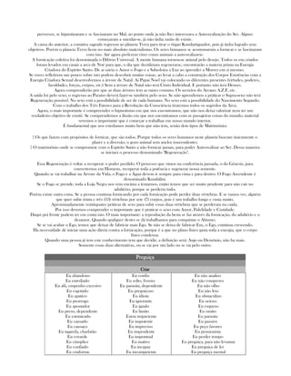 perversos, se hipnotizaram e se fascinaram no Mal, ao ponto onde ja não lhes interessava a Auto-realização do Ser. Alguns
começaram a suicidar-se, já não tinha razão de existir.
A causa do anterior, a comitiva sagrada regresou ao planeta Terra para tirar o ôrgao Kundartiguador, pois já tinha logrado seus
objetivos. Porém o planeta Terra ficou no mais absoluto materialismo. Os seres humanos se acostumaram a fornicar e se fascinaram
com isto. Até agora preferem viver como animais a auto-realizarse.
A fornicação coletiva foi denominada o Dilúvio Universal. A mente humana tornou-se animal pelo desejo. Todos os eus criados
foram levados em casais a arca de Noé para que, o dia que decidiriam regenerarse, encontrarão a materia prima na Energia
Criadora do Espírito Santo. De ai sairia o Amor o Fogo e a Sabedoira a Luz ao aprender a Morrer em si mesmo.
Se voces refletirem um pouco sobre isto podem descobrir muitas coisas, ao levar a cabo a construção dos Corpos Existências com a
Energia Criadora Sexual desenvolvemos a árvore de Natal. Ai Papai Noel vai colocando os diferentes presentes (virtudes, poderes,
faculdades, forças, corpos, etc.) Sem a árvore de Natal não terá Cristo Individual. E portanto não terá Deuses.
Agora comprenderão por que as duas árvores tem as raizes comuns. Os secretos do Arcano A.Z.F, etc.
A saida foi pelo sexo, o regresso ao Paraíso deverá fazer-se também pelo sexo. Se não aprendemos a práticar o Supra-sexo não terá
Regeneração possível. No sexo está a possibilidade de ser de cada humano. No sexo está a possibilidade do Nascimento Segundo.
Com o trabalho dos Três Fatores para a Revolução da Consciência tiraremos todos os segredos da Arca.
Agora, o mais importante é compreender o hipnotismo em que nos encontramos, que não nos deixa valorizar nem ter um
verdadeiro objetivo de existir. Se comprendemos a ilusão em que nos encontramos com as passajeiras coisas do mundo, material
veremos o importante que é começar a trabalhar em nosso mundo interior.
É fundamental que nos estedamos muito bem que não tem, senão dois tipos de Matrimônio:
▪ Os que fazem com propósitos de fornicar, que são todos. Porque todos os seres humanos neste planeta buscam únicamente o
plazer e a diversão, o gozo animal sem anelos trascendentes.
▪ O matrimônio onde se compromete com o Espírito Santo a não fornicar jamais, para poder Auto-realizar ao Ser. Dessa maneira
se iniciará o processo denominado "Regeneração".
Essa Regeneração é voltar a recuperar o poder perdido. O processo que vimos na conferência passada, o do Génesis, para
converternos em Homens, recuperar toda a potência e regenerar nossa semente.
Quando se vai trabalhar na Árvore da Vida, o Fogo e a Água devem ir sempre para cima e para dentro. O Fogo Ascendente é
denominado Kundalini.
Se o Fogo se prende, toda a Loja Negra nos vem encima a tentarnos, então temos que ser muito prudente para não cair no
adultério, porque se perderia tudo.
Porém existe outra coisa. Se a pessoa continua fornicando por cada fornicação pode perder duas vértebras. E se vamos ver, alguém
que quer subir trinta e três (33) vértebras por sete (7) corpos, pois é um trabalho longo e custa muito.
Aproximadamente veintiquatro práticas de sexo para subir essas duas vértebras que se perderam na caida.
Por isso devemos comprender o importante que é praticar o sexo com Amor, Fidelidade e Castidade.
Daqui prá frente podem ter em conta isto. O mais importante: a reprodução da besta se faz através da fornicação, do adultério e o
desamor. Quando qualquer destes se dá trabalhamos para conquistar o Abismo.
Se se vai acabar o Ego, temos que deixar de fabricar mais Ego. Se não se deixa de fabricar Eus, o Ego, continua crescendo.
Ha necessidade de iniciar uma ação direta contra a fornicação, porque é a que no plano físico gasta toda a energia, que o corpo
físico condensa.
Quando uma pessoa já tem este conhecimento tem que decidir, a definição será: Anjo ou Demônio, não ha mais.
Somente essas duas alternativas, ou se vai por um lado ou se vai pelo outro.
PreguiçaPreguiçaPreguiçaPreguiça
CriarCriarCriarCriar
Eu abandono
Eu entediado
Eu afã, empenho excesivo
Eu esgotado
Eu apatico
Eu prorrogo
Eu apostador
Eu preso, dependente
Eu estonteado
Eu cansado
Eu cansaço
Eu tagarela, charlatão
Eu covarde
Eu cúmplice
Eu confiado
Eu conforme
Eu confio
Eu solto, frouxo
Eu parasita, dependente
Eu preguiçoso
Eu idiota
Eu ignorante
Eu igualo
Eu limito
Estou impaciente
Eu impotente
Eu impreciso
Eu imprudente
Eu impontual
Eu inativo
Eu incapaz
Eu incompetente
Eu não analizo
Eu não comprovo
Eu não olho
Eu não leio
Eu obstaculizo
Eu ocioso
Eu esqueso
Eu omito
Eu parasita
Eu passivo
Eu peço favores
Eu pensionista
Eu perder tempo
Eu preguiça, para não levantar
Eu preguiça de ler
Eu preguiça mental
 