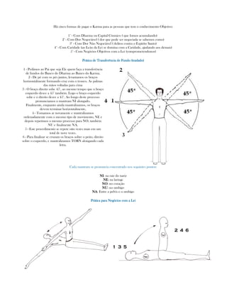 Há cinco formas de pagar o Karma para as pessoas que tem o conhecimento Objetivo:
1° - Com Dharma ou Capital Cósmico ( que fomos acumulando)
2° - Com Dor Negociável ( dor que pode ser negociada se sabemos como)
3° - Com Dor Não Negociável ( delitos contra o Espírito Santo)
4° - Com Caridade (ao Leão da Lei se domina com a Caridade, ajudando aos demais)
5° - Com Negócios Objetivos com a Lei (comprometendonos)
Prática de Transferência de Fundo (traslado)Prática de Transferência de Fundo (traslado)Prática de Transferência de Fundo (traslado)Prática de Transferência de Fundo (traslado)
1 - Pedimos ao Pai que seja Ele quem faça a transferência
de fundos do Banco do Dharma ao Banco do Karma.
2 - De pé com os pés juntos, levantamos os braços
horizontalmente formando cruz com o tronco. As palmas
das mãos voltadas para cima
3 - O braço direito sobe 45°, ao mesmo tempo que o braço
esquerdo desce a 45° também. Logo o braço esquerdo
sobe e o direito desce a 45°. Ao longo deste processo
pronunciamos o mantram NI alongado.
Finalmente, enquanto ainda mantralizamos, os braços
devem terminar horizontalmente,
4 - Tomamos ar novamente e mantralizamos
ordenadamente com o mesmo tipo de movimento, NE e
depois repetimos o mesmo processo para NO, também
NU e finalmente NA.
5 - Este procedimento se repete oito vezes mais em um
total de nove vezes.
6 - Para finalizar se cruzam os braços sobre o peito, direito
sobre o esquerdo, e mantralizamos TORN alongando cada
letra.
Cada mantram se pronuncia concentrado nos seguintes pontos:
NINININI: na raiz do nariz
NENENENE: na laringe
NONONONO: no coração
NUNUNUNU: no umbigo
NANANANA: Entre a pelvis e o umbigo
Prática para Negócios com a LeiPrática para Negócios com a LeiPrática para Negócios com a LeiPrática para Negócios com a Lei
 
