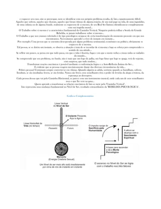 e esquecer seu caso, não se preocupar, nem se identificar com seu próprio problema resulta, de fato, espantosamente difícil.
Aqueles que sofrem, aqueles que choram, aqueles que foram vítimas de alguma traição, de um mal pago na vida, de uma ingratidão,
de uma calúnia ou de alguma fraude, realmente se esquecem de si mesmo, de seu Real Ser Íntimo; identificam-se completamente
com sua tragédia moral...
O Trabalho sobre si mesmo é a característica fundamental do Caminho Vertical. Ninguém poderia trilhar a Senda da Grande
Rebeldia, se jamais trabalhasse sobre si mesmo...
O Trabalho a que nos estamos referindo é de tipo psicológico; ocupa-se de certa transformação do momento presente em que nos
encontramos. Necessitamos aprender a viver de instante em instante...
Por exemplo: Uma pessoa que se encontra desesperada por algum problema sentimental, econômico ou político, obviamente se
esqueceu de si mesma.
Tal pessoa, se se detém um instante, se observa a situação e trata de se recordar de si mesma e logo se esforça por compreender o
sentido de sua atitude...
Se reflete um pouco, se pensa em que tudo passa, em que a vida é ilusória, fugaz e em que a morte reduz a cinzas todas as vaidades
do mundo...
Se compreende que seu problema, no fundo, não é mais que um fogo de palha, um fogo fátuo que logo se apaga, verá de repente,
com surpresa, que tudo mudou...
Transformar reações mecânicas é possível mediante a confrontação lógica e a Auto-Reflexão Íntima do Ser...
É evidente que as pessoas reagem mecânicamente diante das diversas circunstâncias da vida...
Pobres pessoas! Costumam sempre converter-se em vítimas. Quando alguém as adula, sorriem; quando as humilham, sofrem.
Insultam, se são insultadas; ferem, se são feridas. Nunca são livres; seus semelhantes têm o poder de levá-las da alegía à tristeza, da
esperança ao desespero.
Cada pessoa dessas que vai pelo Caminho Horizontal, se parece com um instrumento musical, onde cada um de seus semelhantes
toca o que lhe vem na gana...
Quem aprende a transformar as relações mecânicas de fato se mete pelo "Caminho Vertical".
Isto representa uma mudança fundamental no Nível de Ser, resultado extraordinário da "REBELDIA PSICOLÓGICA".
Gráficos Complementários
 
