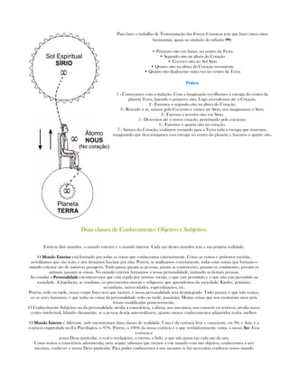 Para fazer o trabalho de Transmutação das Forças Cósmicas tem que fazer cinco oitos
horizontais, iguais ao símbolo do infinito (∞∞∞∞):
• Primeiro oito em baixo, no centro da Terra
• Segundo oito na altura do Coração
• Terceiro oito no Sol Sírio
• Quarto oito na altura do Coração novamente
• Quinto oito finalmente outra vez no centro da Terra
Prática:Prática:Prática:Prática:
1 - Começamos com a inalação. Com a imaginação recolhemos a energia do centro da
planeta Terra, fazendo o primeiro oito. Logo ascendemos até o Coração.
2 - Fazemos o segundo oito na altura do Coração.
3 - Retendo o ar, saimos pelo Cocuruto e vamos até Sirio, nos imaginamos o Sirio.
4 - Fazenos o terceiro oito em Sírio.
5 - Descemos até o nosso coração, penetrando pelo cocuruto.
6 - Fazemos o quarto oito no coração.
7 - Saimos do Coração, exalamos enviando para a Terra toda a energia que trazemos,
imaginando que descarregamos essa energia no centro do planeta; e fazemos o quinto oito.
Duas classes de Conhecimento: Objetivo e Subjetivo.Duas classes de Conhecimento: Objetivo e Subjetivo.Duas classes de Conhecimento: Objetivo e Subjetivo.Duas classes de Conhecimento: Objetivo e Subjetivo.
Existem dois mundos, o mundo exterior e o mundo interior. Cada um destes mundos tem a sua própria realidade.
O Mundo ExteriorMundo ExteriorMundo ExteriorMundo Exterior está formado por todas as coisas que conhecemos exteriormente. Como as vemos e podemos tocá-las,
acreditamos que são reais, e nos deixamos fascinar por elas. Porém, se analizamos corretamente, todas estas coisas que formam o
mundo exterior são de natureza passajeira. Tudo passa, pasam as pessoas, pasam as contrucções, passam os continentes, passam os
animais, passam as coisas. No mundo exterior formamos a nossa personalidade, imitando as demais pessoas.
Ao estudar a PersonalidadePersonalidadePersonalidadePersonalidade encontraremos que está regida por normas sociais, o que está permitido e o que não esta permitido na
sociedade. A legislação, as condutas, os preconceitos morais e religiosos, que aprendemos da sociedade: Kinder, primário,
secundário, universidades, especializações, etc.
Porém, cedo ou tarde, nosso corpo físico terá que morrer, e nossa personalidade terá desintegrado. Tudo pasará, o que não vemos,
os os seres humanos, é que todas as coisas da personalidade cedo ou tarde, passarám. Muitas coisas que nos ensinaram anos atrás
foram modificadas posteriormente.
O Conhecimento Subjetivo ou da personalidade atrofia a consciência, a aliena, nos mecaniza, nos converte en teóricos, atrofia nosso
centro intelectual, falando claramente, se a pessoa deseja auto-realizarse, quanto menos conhecimentos adquiridos tenha, melhor.
O Mundo InteriorMundo InteriorMundo InteriorMundo Interior é diferente, nele encontramos duas classes de realidade. Uma é da essência livre e consciente, ou 3%, e dois, é a
essência engarrafada no Eu Psicológico, o 97%. Porém, o 100% da nossa essência é o que verdadeiramente conta, o nosso SerSerSerSer. Essa
essência é
nosso Deus particular, o real o verdadeiro, o eterno, o belo, o que não passa em cada um de nos.
Como temos a consciência adormecida, nem sequer sabemos que viemos a este mundo com um objetivo, conhecernos a nós
mesmos, conhecer o nosso Deus particular. Para poder conhecernos a nós mesmos se faz necessário conhecer nosso mundo
 