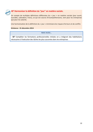 10
49° Harmoniser la définition du "jour" en matière sociale.
On compte de multiples définitions différentes du « jour » en matière sociale (jour ouvré,
ouvrable, calendaire, franc), ce qui est source d'incompréhensions, tant pour les entreprises
que pour les salariés.
Une harmonisation de la définition du « jour » minimisera les risques d’erreurs et de conflits
Echéance : 31 décembre 2014
MAIS AUSSI…
- 50° Compléter les formations professionnelles initiales en y intégrant des habilitations
nécessaires à l'exécution des tâches les plus courantes dans les entreprises
 