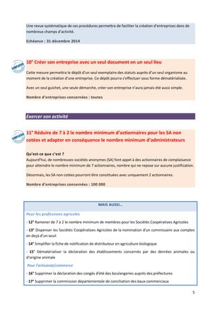 5
Une revue systématique de ces procédures permettra de faciliter la création d’entreprises dans de
nombreux champs d’activité.
Echéance : 31 décembre 2014
10° Créer son entreprise avec un seul document en un seul lieu
Cette mesure permettra le dépôt d’un seul exemplaire des statuts auprès d’un seul organisme au
moment de la création d’une entreprise. Ce dépôt pourra s’effectuer sous forme dématérialisée.
Avec un seul guichet, une seule démarche, créer son entreprise n’aura jamais été aussi simple.
Nombre d’entreprises concernées : toutes
Exercer son activité
11° Réduire de 7 à 2 le nombre minimum d’actionnaires pour les SA non
cotées et adapter en conséquence le nombre minimum d’administrateurs
Qu’est-ce que c’est ?
Aujourd’hui, de nombreuses sociétés anonymes (SA) font appel à des actionnaires de complaisance
pour atteindre le nombre minimum de 7 actionnaires, nombre qui ne repose sur aucune justification.
Désormais, les SA non cotées pourront être constituées avec uniquement 2 actionnaires.
Nombre d’entreprises concernées : 100 000
MAIS AUSSI…
Pour les professions agricoles
- 12° Ramener de 7 à 2 le nombre minimum de membres pour les Sociétés Coopératives Agricoles
- 13° Dispenser les Sociétés Coopératives Agricoles de la nomination d'un commissaire aux comptes
en deçà d’un seuil
- 14° Simplifier la fiche de notification de distributeur en agriculture biologique
- 15° Dématérialiser la déclaration des établissements concernés par des denrées animales ou
d’origine animale
Pour l’artisanat/commerce
- 16° Supprimer la déclaration des congés d'été des boulangeries auprès des préfectures
- 17° Supprimer la commission départementale de conciliation des baux commerciaux
 