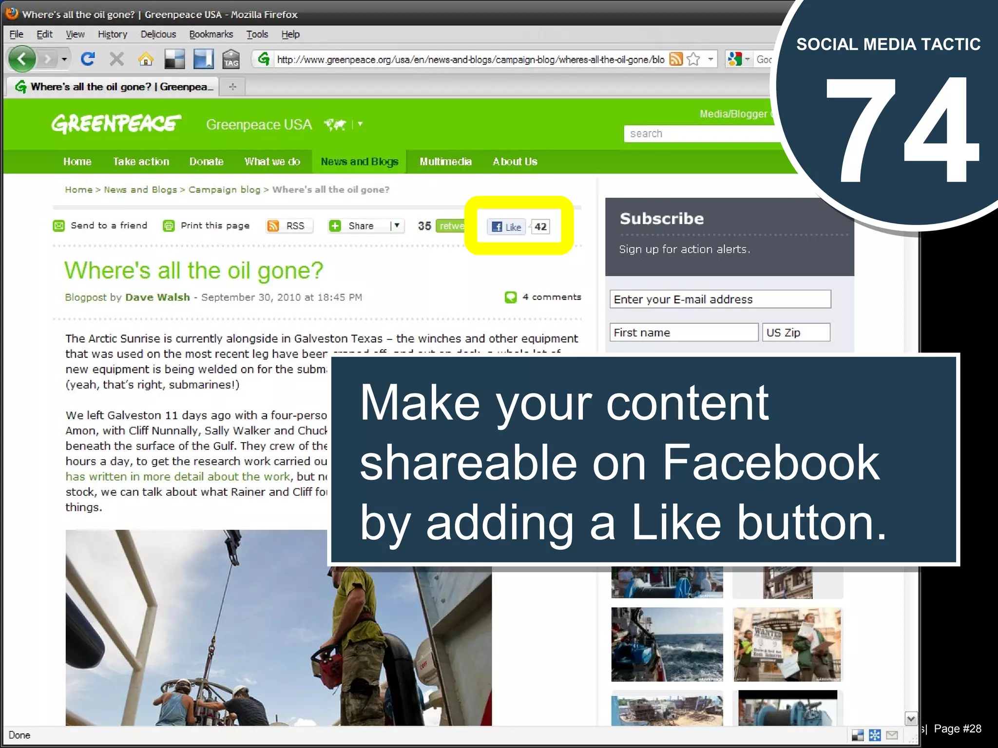 Chad Norman & Melanie Mathos| Page #28
74
SOCIAL MEDIA TACTIC
Make your content
shareable on Facebook
by adding a Like button.
Make your content
shareable on Facebook
by adding a Like button.
 