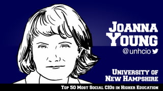 Top 50 Most Social CIOs in Higher Education
University of
New Hampshire
@unhcio
Joanna
Young
 
