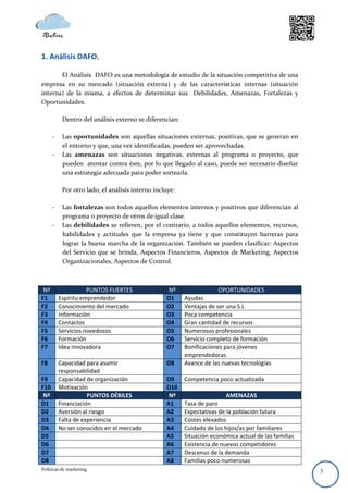 1. Análisis DAFO.

       El Análisis DAFO es una metodología de estudio de la situación competitiva de una
empresa en su mercado (situación externa) y de las características internas (situación
interna) de la misma, a efectos de determinar sus Debilidades, Amenazas, Fortalezas y
Oportunidades.

           Dentro del análisis externo se diferencian:

      -    Las oportunidades son aquellas situaciones externas, positivas, que se generan en
           el entorno y que, una vez identificadas, pueden ser aprovechadas.
      -    Las amenazas son situaciones negativas, externas al programa o proyecto, que
           pueden atentar contra éste, por lo que llegado al caso, puede ser necesario diseñar
           una estrategia adecuada para poder sortearla.

           Por otro lado, el análisis interno incluye:

      -    Las fortalezas son todos aquellos elementos internos y positivos que diferencian al
           programa o proyecto de otros de igual clase.
      -    Las debilidades se refieren, por el contrario, a todos aquellos elementos, recursos,
           habilidades y actitudes que la empresa ya tiene y que constituyen barreras para
           lograr la buena marcha de la organización. También se pueden clasificar: Aspectos
           del Servicio que se brinda, Aspectos Financieros, Aspectos de Marketing, Aspectos
           Organizacionales, Aspectos de Control.



 Nº                  PUNTOS FUERTES                Nº                 OPORTUNIDADES
F1        Espíritu emprendedor                    O1     Ayudas
F2        Conocimiento del mercado                O2     Ventajas de ser una S.L
F3        Información                             O3     Poca competencia
F4        Contactos                               O4     Gran cantidad de recursos
F5        Servicios novedosos                     O5     Numerosos profesionales
F6        Formación                               O6     Servicio completo de formación
F7        Idea innovadora                         O7     Bonificaciones para jóvenes
                                                         emprendedoras
F8        Capacidad para asumir                   O8     Avance de las nuevas tecnologías
          responsabilidad
F9        Capacidad de organización               O9     Competencia poco actualizada
F10       Motivación                              O10
 Nº                  PUNTOS DÉBILES                Nº                   AMENAZAS
D1        Financiación                            A1     Tasa de paro
D2        Aversión al riesgo                      A2     Expectativas de la población futura
D3        Falta de experiencia                    A3     Costes elevados
D4        No ser conocidos en el mercado          A4     Cuidado de los hijos/as por familiares
D5                                                A5     Situación económica actual de las familias
D6                                                A6     Existencia de nuevos competidores
D7                                                A7     Descenso de la demanda
D8                                                A8     Familias poco numerosas
Políticas de marketing                                                                                3
 
