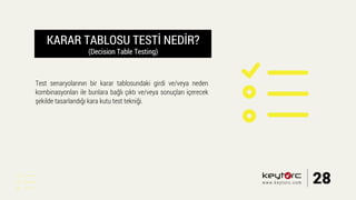 KARAR TABLOSU TESTİ NEDİR?
(Decision Table Testing)
Test senaryolarının bir karar tablosundaki girdi ve/veya neden
kombinasyonları ile bunlara bağlı çıktı ve/veya sonuçları içerecek
şekilde tasarlandığı kara kutu test tekniği.
28www.keytorc.com
 