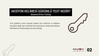AKSİYON KELİMESİ GÜDÜMLÜ TEST NEDİR?
(Keyword-Driven Testing)
Test girdilerini içeren dosyada sadece test verilerinin ve beklenen
sonuçların değil, aynı zamanda test senaryosunu oluşturacak aksiyon
kelimelerinin de bulunduğu test etme tekniği.
02www.keytorc.com
 