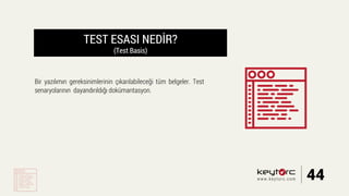 TEST ESASI NEDİR?
(Test Basis)
Bir yazılımın gereksinimlerinin çıkarılabileceği tüm belgeler. Test
senaryolarının dayandırıldığı dokümantasyon.
44www.keytorc.com
 