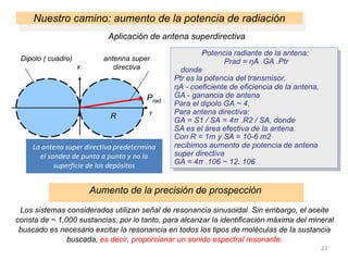Nuestro camino: aumento de la potencia de radiación
La antena super directiva predetermina
el sondeo de punto a punto y no la
superficie de los depósitos
Aumento de la precisión de prospección
Dipolo ( cuadro)
х
Aplicación de antena superdirectiva
antenna super
directiva
Prad
R
у
Los sistemas considerados utilizan señal de resonancia sinusoidal. Sin embargo, el aceite
consta de ~ 1,000 sustancias, por lo tanto, para alcanzar la identificación máxima del mineral
buscado es necesario excitar la resonancia en todos los tipos de moléculas de la sustancia
buscada, es decir, proporcionar un sonido espectral resonante.
23
Potencia radiante de la antena:
Рrad = ηА .GA .Рtr
donde
Рtr es la potencia del transmisor,
ηА - coeficiente de eficiencia de la antena,
GA - ganancia de antena
Para el dipolo GА ~ 4,
Para antena directiva:
GA = S1 / SA = 4π .R2 / SA, donde
SA es el área efectiva de la antena.
Con R = 1m y SA = 10-6 m2
recibimos aumento de potencia de antena
super directiva
GA = 4π .106 ~ 12. 106
 