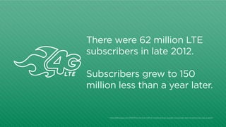 There were 62 million LTE
subscribers in late 2012.
Subscribers grew to 150
million less than a year later.

http:/
/allthingsd.com/20131111/more-than-half-of-mobile-phones-bought-worldwide-were-smartphones-last-quarter/

 