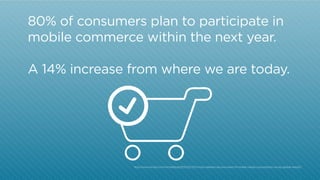 80% of consumers plan to participate in
mobile commerce within the next year.
A 14% increase from where we are today.

http:/
/www.inmobi.com/inmobiblog/2013/02/27/inmobi-releases-second-wave-of-mobile-media-consumption-survey-global-results/

 