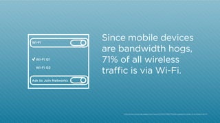 Wi-Fi

Wi-Fi 01
Wi-Fi 02

Since mobile devices
are bandwidth hogs,
71% of all wireless
traffic is via Wi-Fi.

Ask to Join Networks

http:/
/www.computerweekly.com/news/2240207492/Mobile-operators-ready-to-embrace-Wi-Fi

 