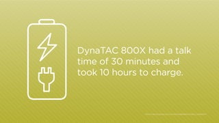 DynaTAC 800X had a talk
time of 30 minutes and
took 10 hours to charge.

http:/
/inventors.about.com/cs/inventorsalphabet/...