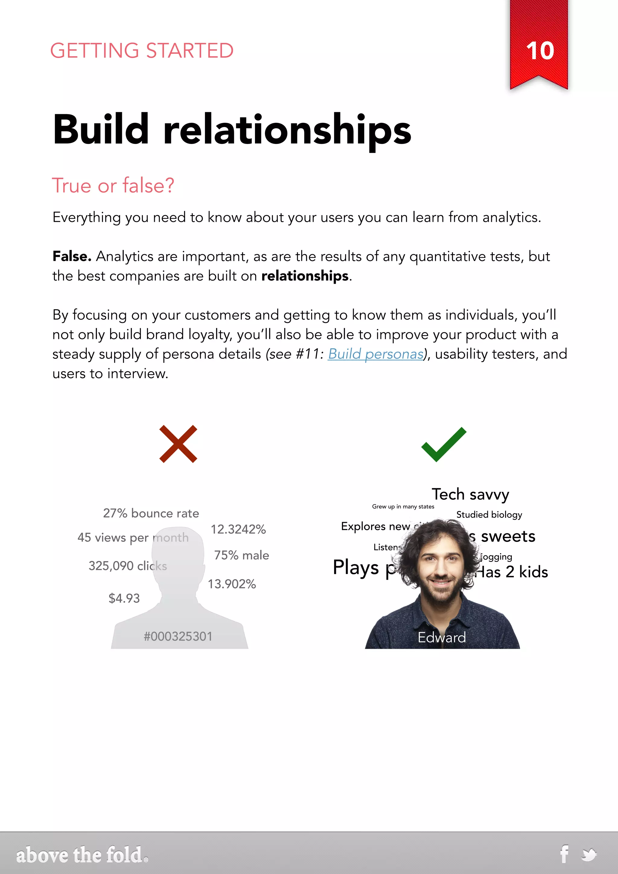 GETTING STARTED                                                                                       10


       Build relationships
       True or false?
       Everything you need to know about your users you can learn from analytics.

       False. Analytics are important, as are the results of any quantitative tests, but
       the best companies are built on relationships.

       By focusing on your customers and getting to know them as individuals, you’ll
       not only build brand loyalty, you’ll also be able to improve your product with a
       steady supply of persona details (see #11: Build personas), usability testers, and
       users to interview.




                                                                                Tech savvy
                                                                                         Tech savvy
                                                           Grew up in many states   Grew up in many states
     27% bounce 27% bounce rate
                  rate                                                                  Studied biology Studied biology
                        12.3242% 12.3242%            Explores new cities
                                                                  Explores new cities
45 views per 45 views per month
              month
                                                           Listens to
                                                                                    Eats to
                                                                                    Listens
                                                                                            sweets sweets
                                                                                               Eats
                         75% male 75% male                                              Likes jogging        Likes jogging
  325,090 clicks
               325,090 clicks                       Plays piano piano2 kidsHas 2 kids
                                                            Plays Has
                       13.902%    13.902%
      $4.93        $4.93


          #000325301 #000325301                                           Edward
 