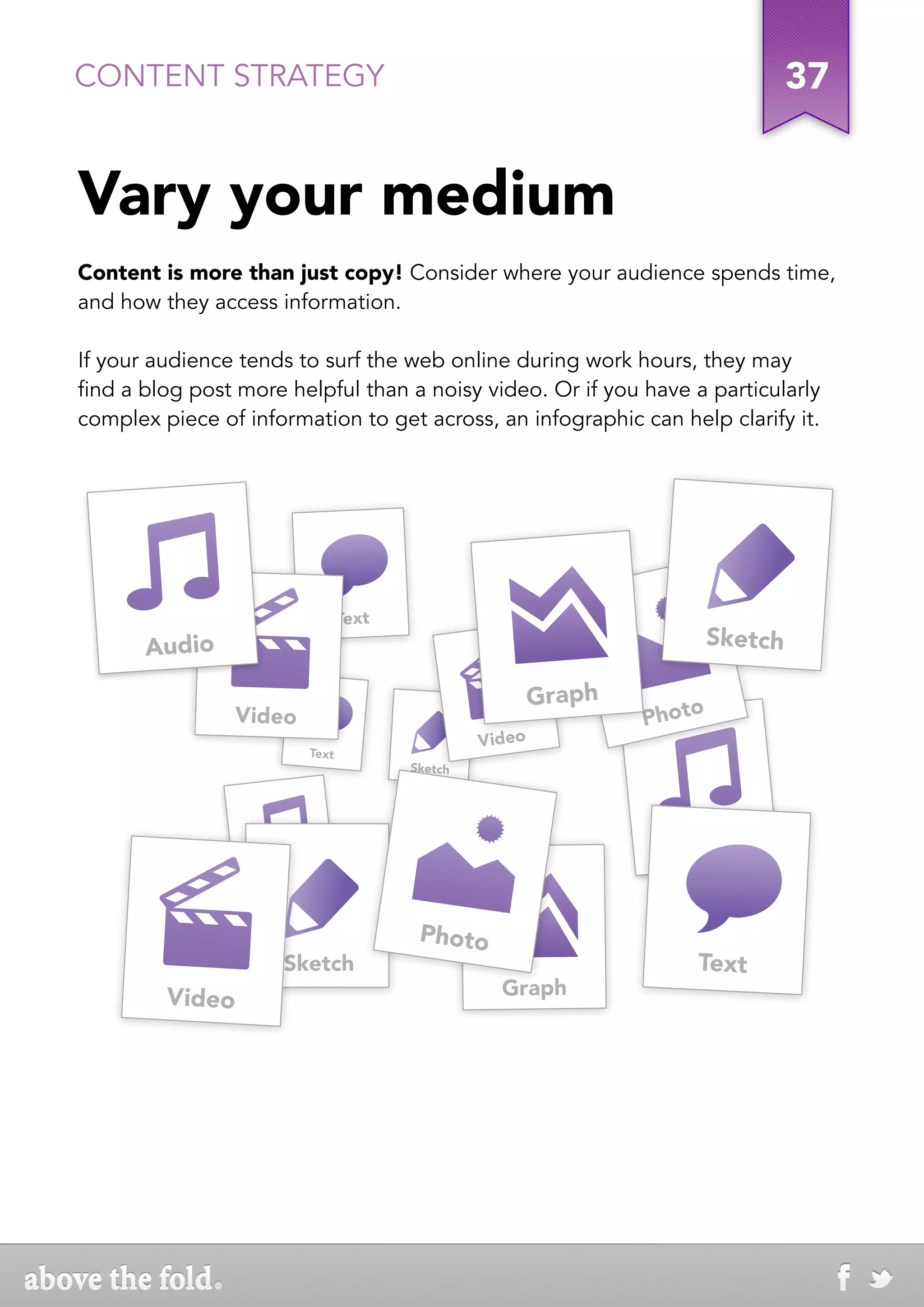 CONTENT STRATEGY                                                                   37


Vary your medium
Content is more than just copy! Consider where your audience spends time,
and how they access information.

If your audience tends to surf the web online during work hours, they may
find a blog post more helpful than a noisy video. Or if you have a particularly
complex piece of information to get across, an infographic can help clarify it.




                                  Text
       Audio                                                              Sketch

                                                          Graph
                 Video                                            Photo
                                                  Video
                           Text
                                         Sketch




                                                                    Audio
                   Audio


                                          Photo
                     Sketch                                           Text
         Video                                      Graph
 